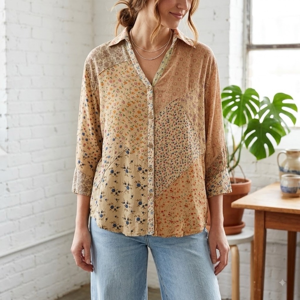 Sacred Threads Patchwork Floral Top Small Boho Cottagecore Eclectic Artsy Indie
